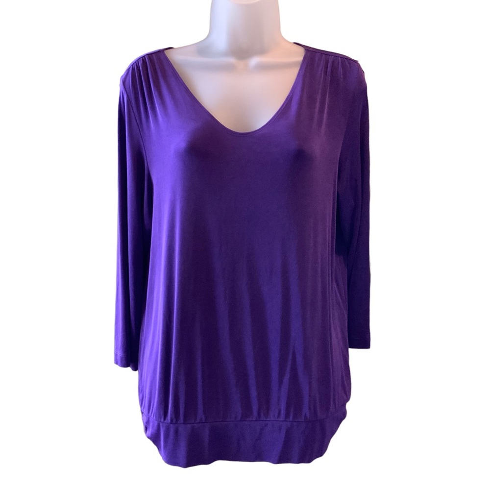 Chico’s Travelers Top Purple Stretchy Long Sleeve Banded Ruched Band Size 1 M